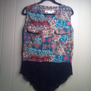 Annie Alexander Blouse Bodysuit M Sleeveless Button Up Lace Trim Silk
